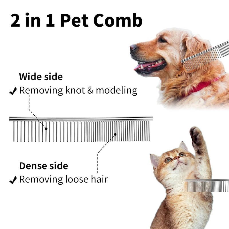 Flezoo 2PCS Dog and Cat Brush, Stainless Steel Pets Grooming Comb Kit, Detangler Deshedding Brush, Metal Knots Hair Remover 6.4" 7.5" - Image 4